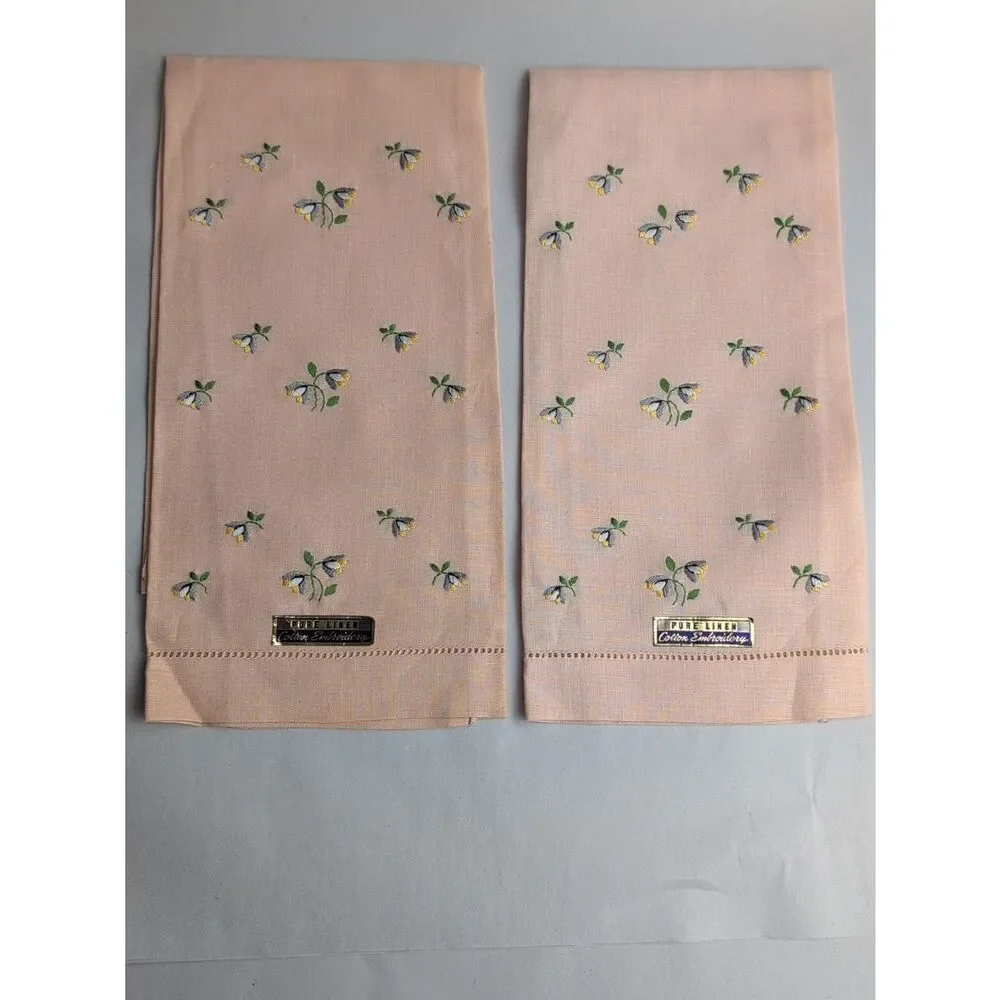 Vintage Floral Embroidered Peach Linen Guest Towels NWT